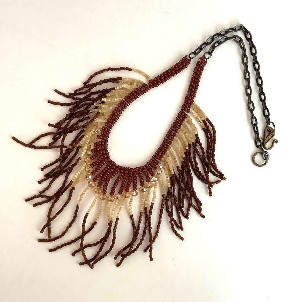 Beaded fringed bib boho festival waterfall necklace with crystals